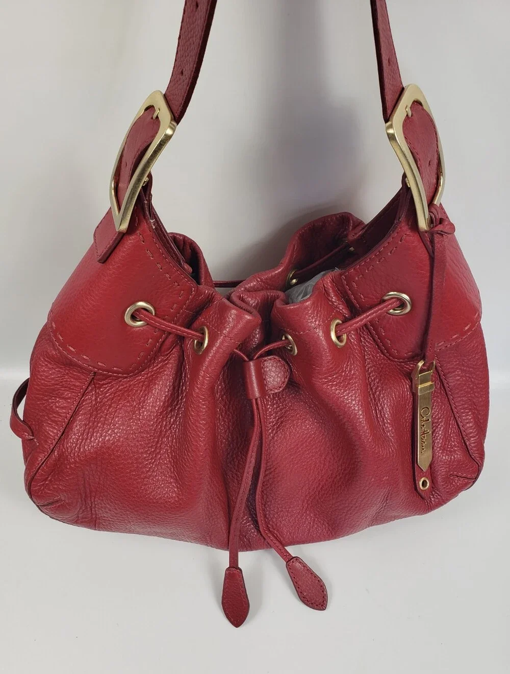 Cole Haan Red Pebble Leather Hobo Drawstring Shoulder Bag - Classic Staple